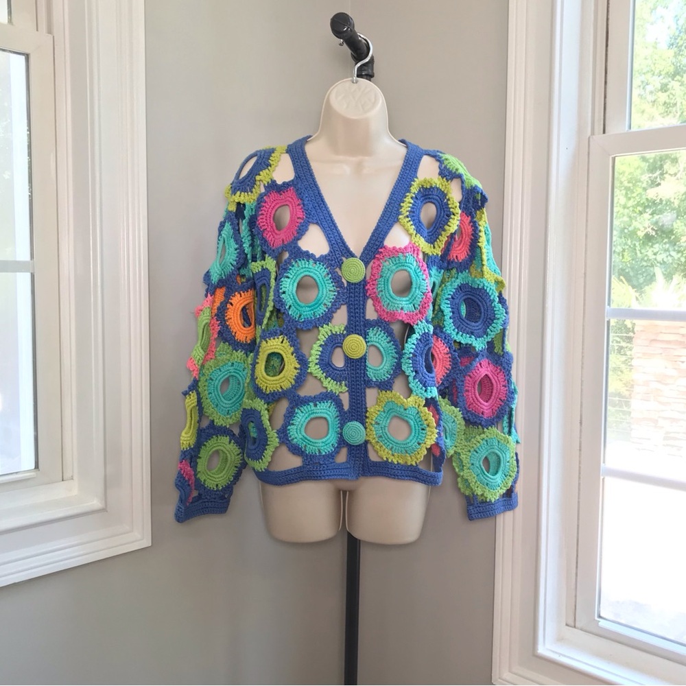 Vintage Michael Simon Open Crochet Boho Cardigan Sweater - Women’s S M L XL OSFA